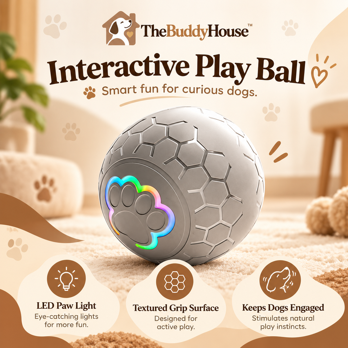 TheBuddyHouse™ Interactive Smart Dog Ball – Automatic Rolling Toy with LED Paw Light