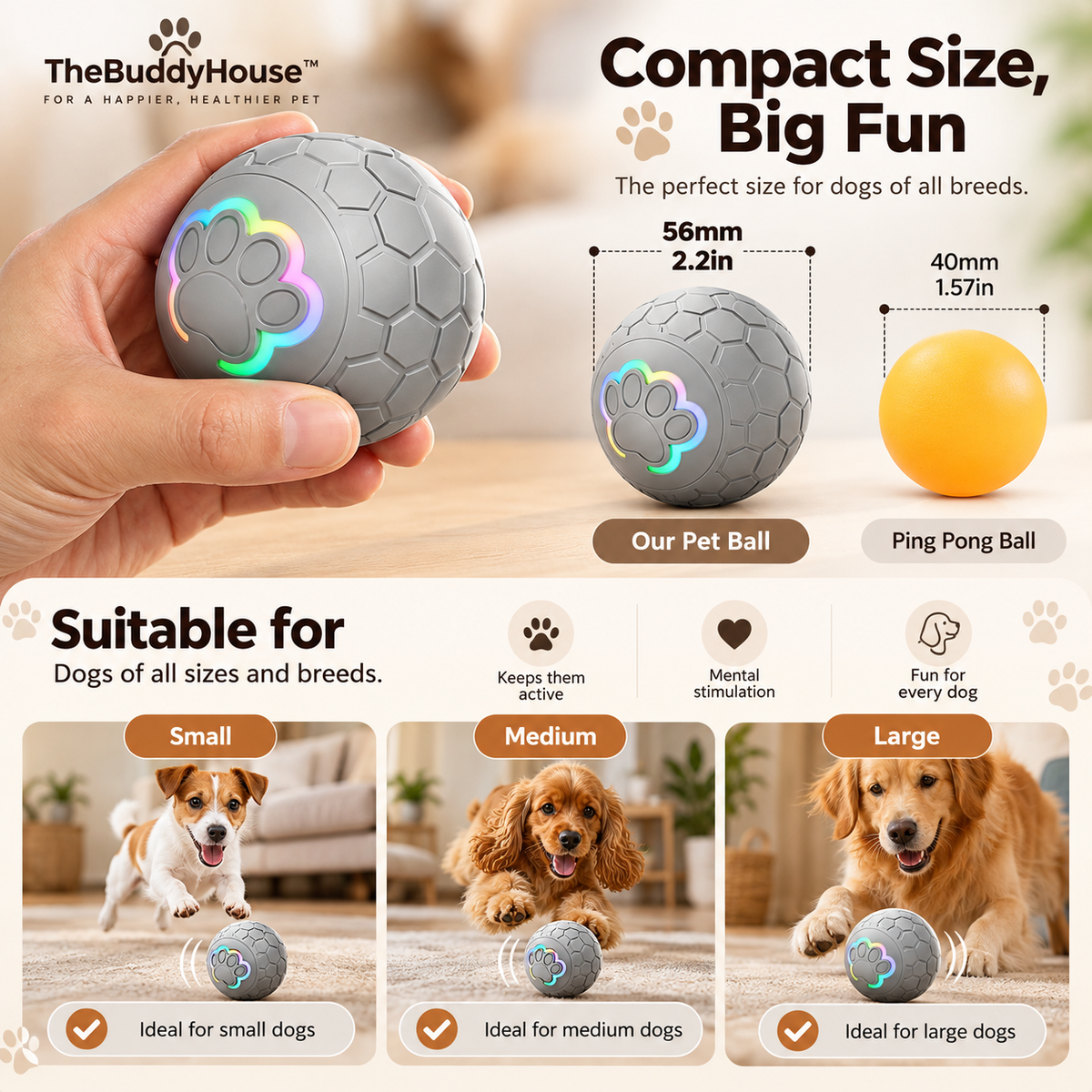 TheBuddyHouse™ Interactive Smart Dog Ball – Automatic Rolling Toy with LED Paw Light